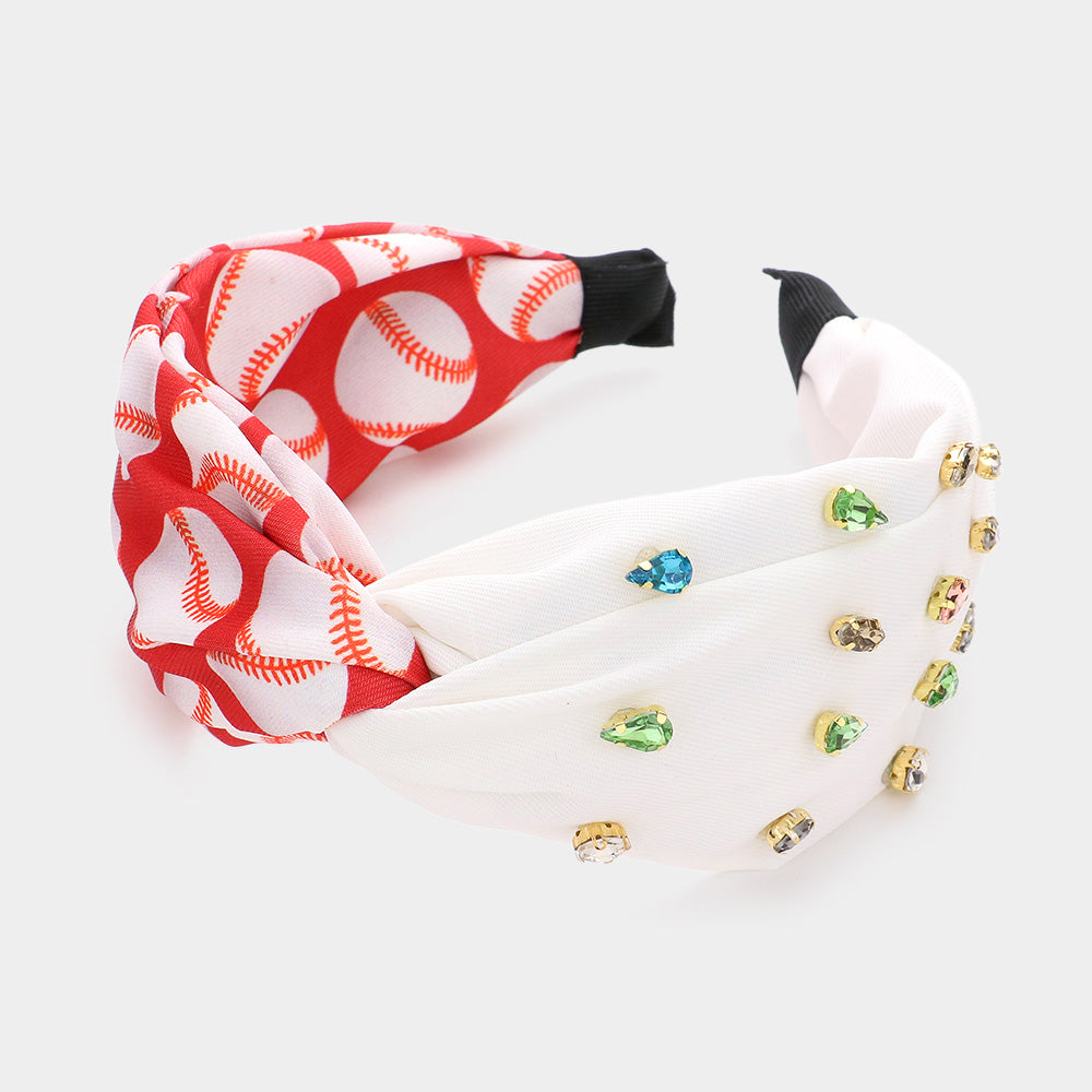 Red, White Game Day Multi Stone Embellished Baseball Patterned Twisted Headband