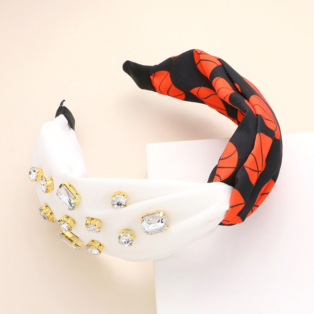 Black, Orange, White Game Day Multi Stone Embellished Basketball Patterned Twisted Headband