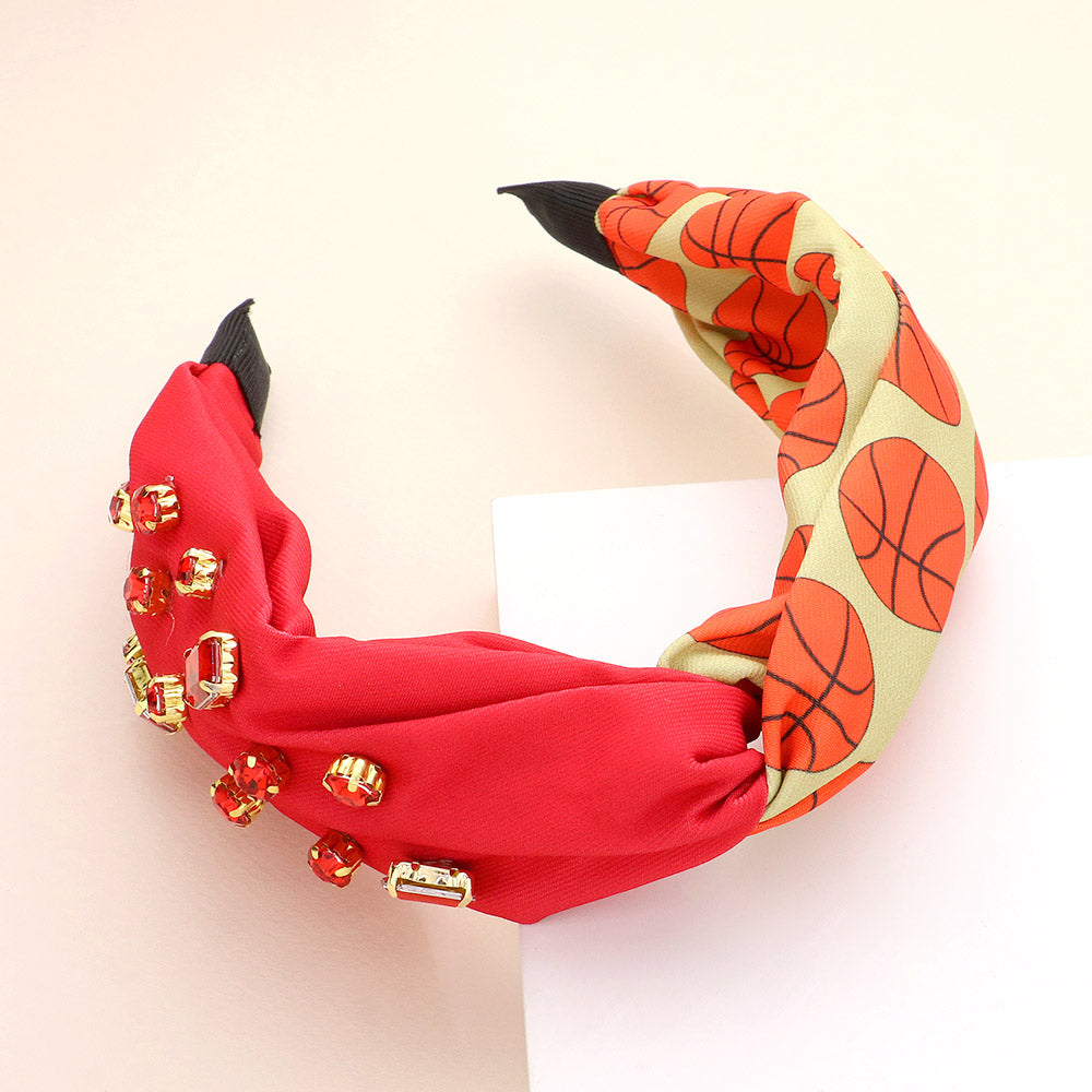 Orange, Yellow Game Day Multi Stone Embellished Basketball Patterned Twisted Headband