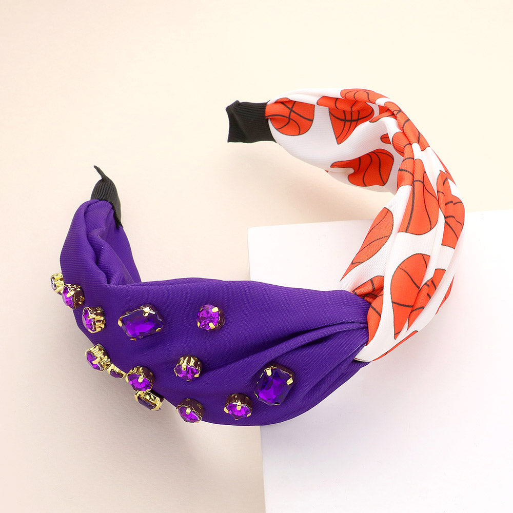 Purple , White Game Day Multi Stone Embellished Basketball Patterned Twisted Headband