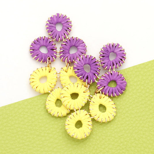 Purple , Yellow Game Day Raffia Wrapped Teardrop Link Dangle Earrings