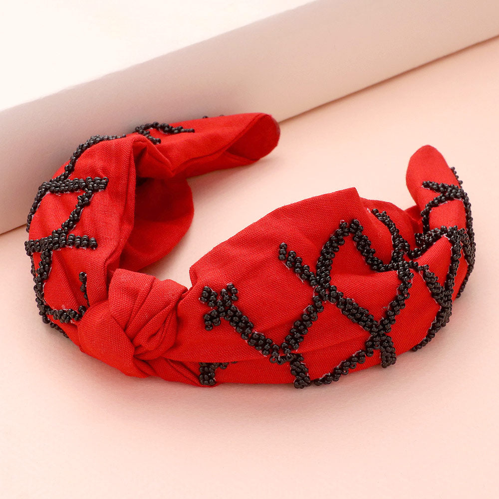 Black, Red Game Day Seed Beaded Check Patterned Knot Burnout Headband