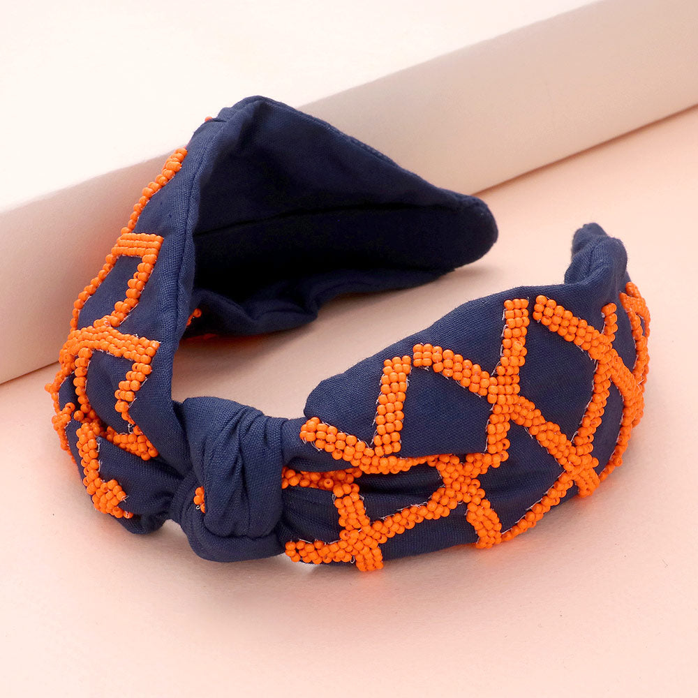 Navy, Orange Game Day Seed Beaded Check Patterned Knot Burnout Headband