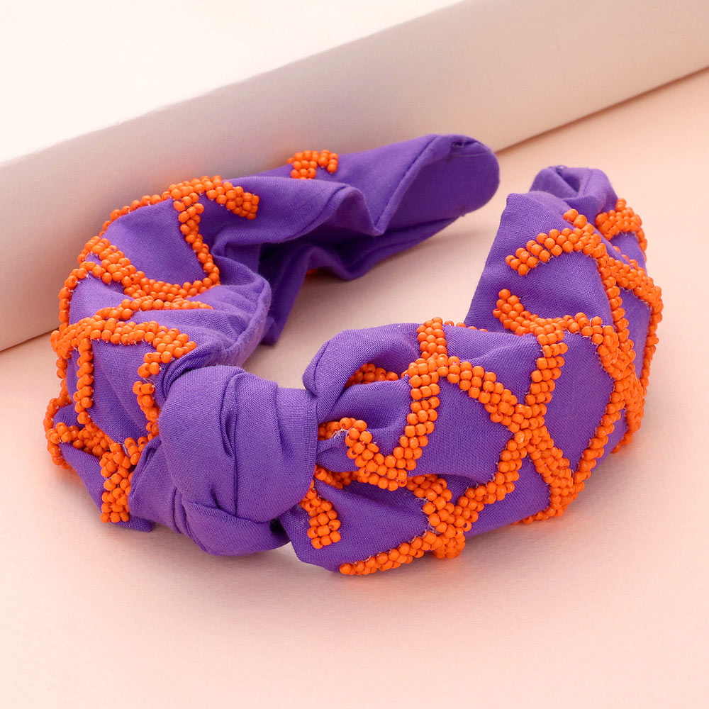 Orange, Purple Game Day Seed Beaded Check Patterned Knot Burnout Headband