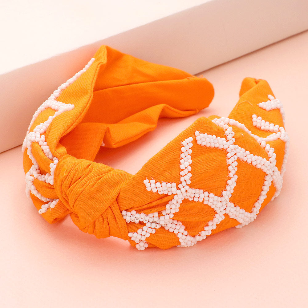 Orange, White Game Day Seed Beaded Check Patterned Knot Burnout Headband