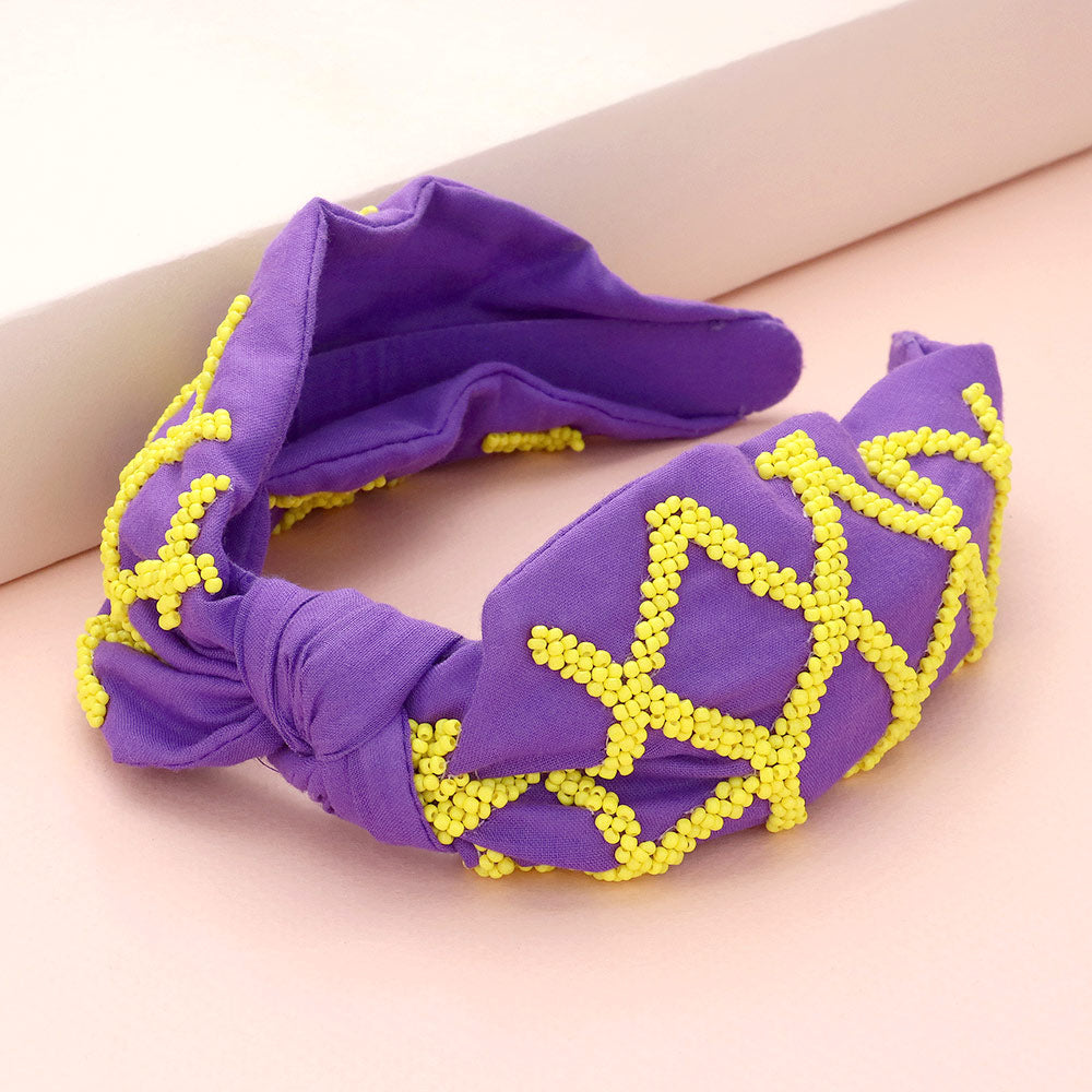 Purple , Yellow Game Day Seed Beaded Check Patterned Knot Burnout Headband
