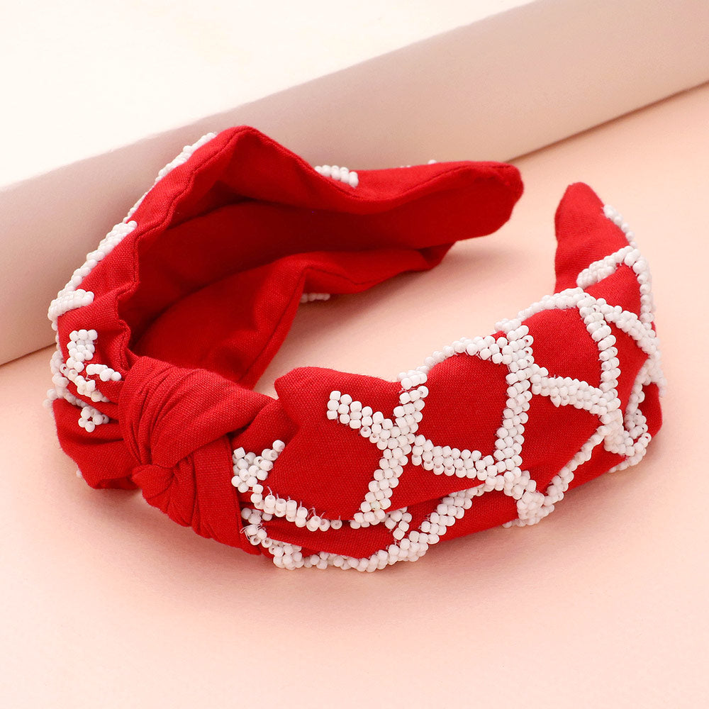 Red, White Game Day Seed Beaded Check Patterned Knot Burnout Headband