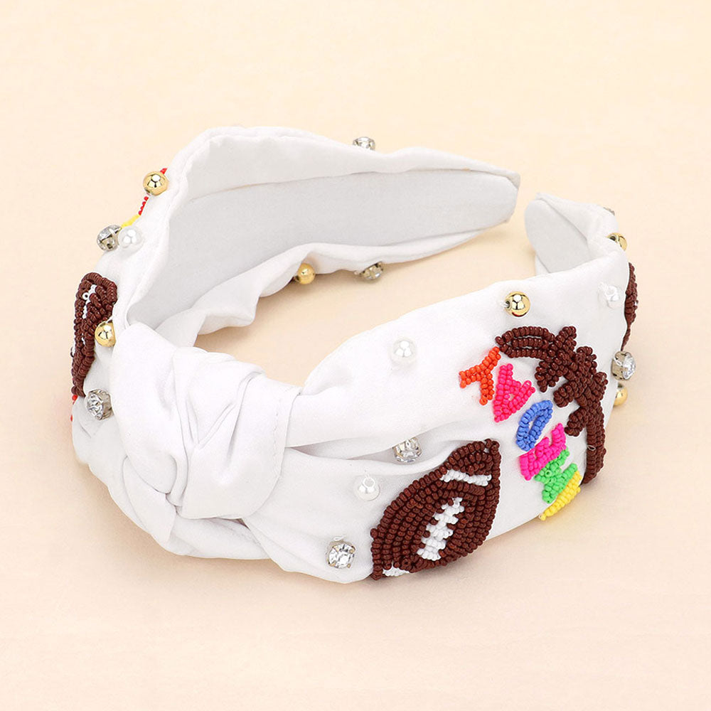 White Gameday Football Seed Beaded Pearl Metal Ball Stone Cluster Embellished Knot Headband