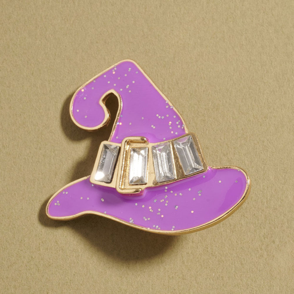 Purple Gem Stone Accent Halloween Witch Hat Pin Brooch