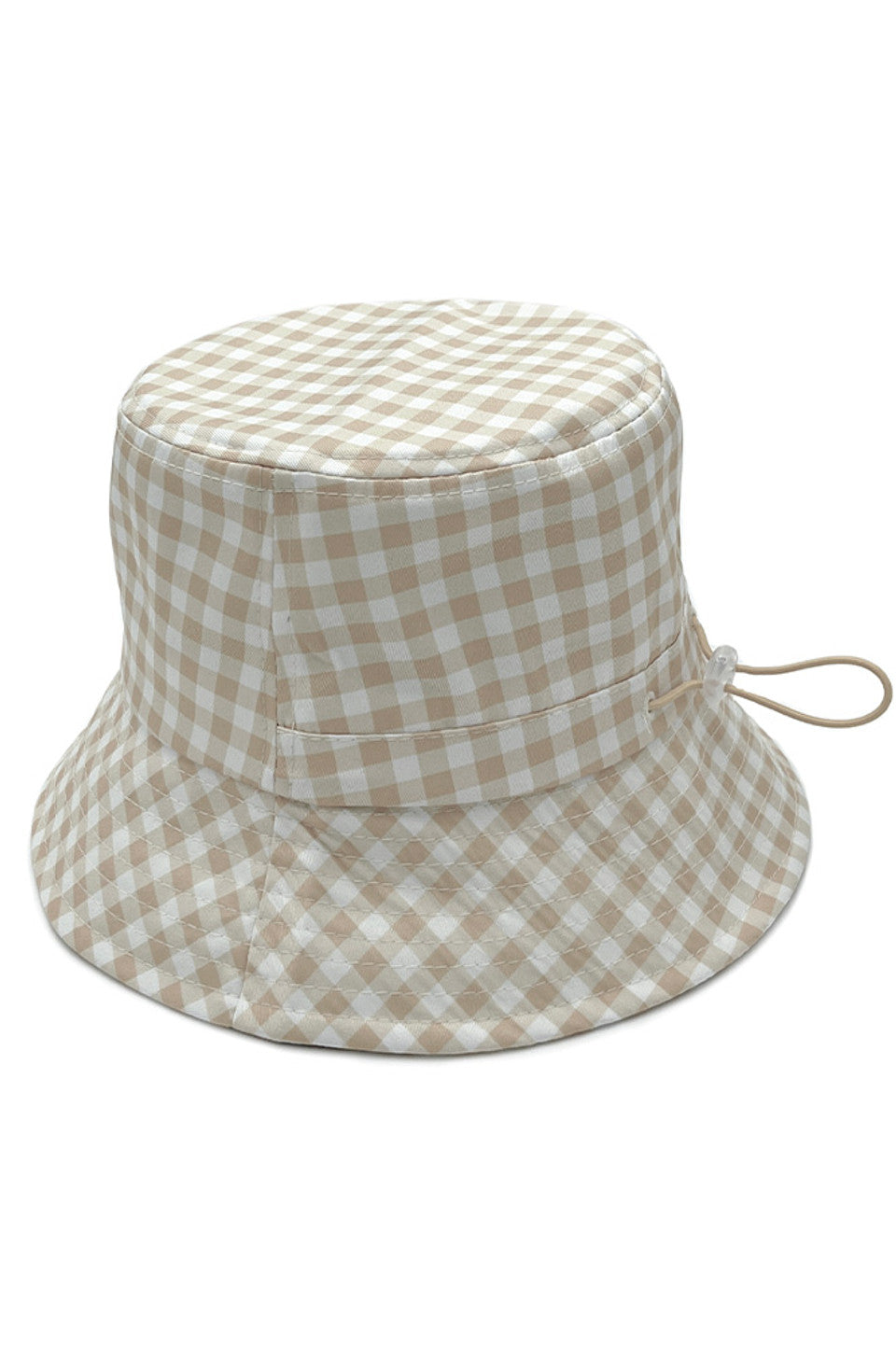 Beige GINGHAM PATTERN DARW STRING BUCKET HAT features a functional drawstring for customizable fit and security. The classic checkered pattern delivers timeless aesthetic appeal while providing essential sun protection. Constructed with quality materials, it offers durability and comfort for daily wear across various seasonal activities. 