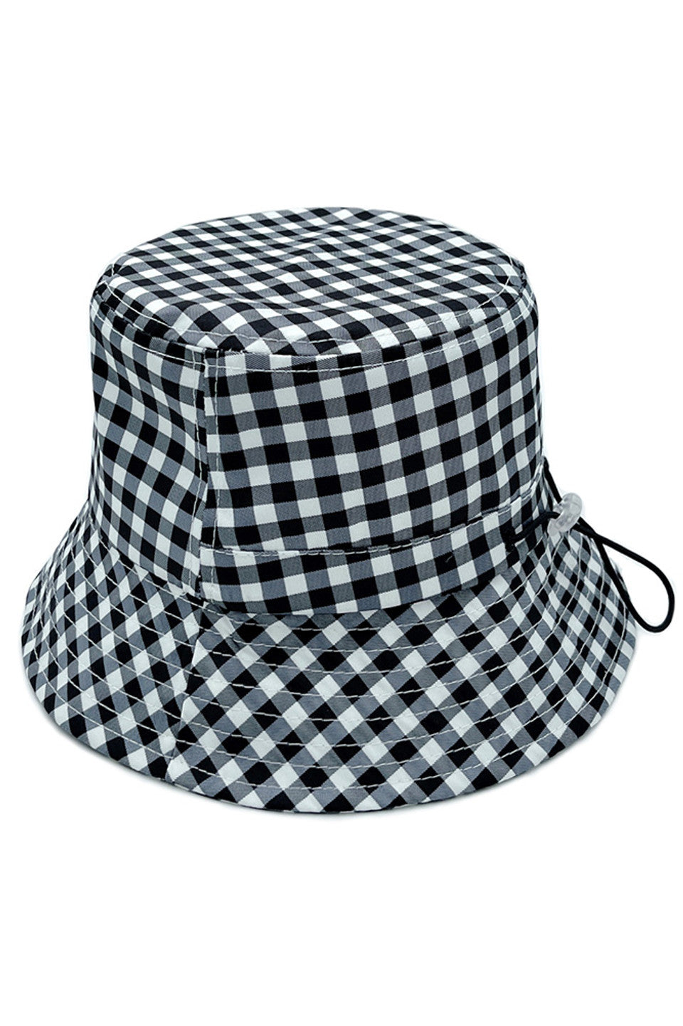 Black GINGHAM PATTERN DARW STRING BUCKET HAT features a functional drawstring for customizable fit and security. The classic checkered pattern delivers timeless aesthetic appeal while providing essential sun protection. Constructed with quality materials, it offers durability and comfort for daily wear across various seasonal activities. 