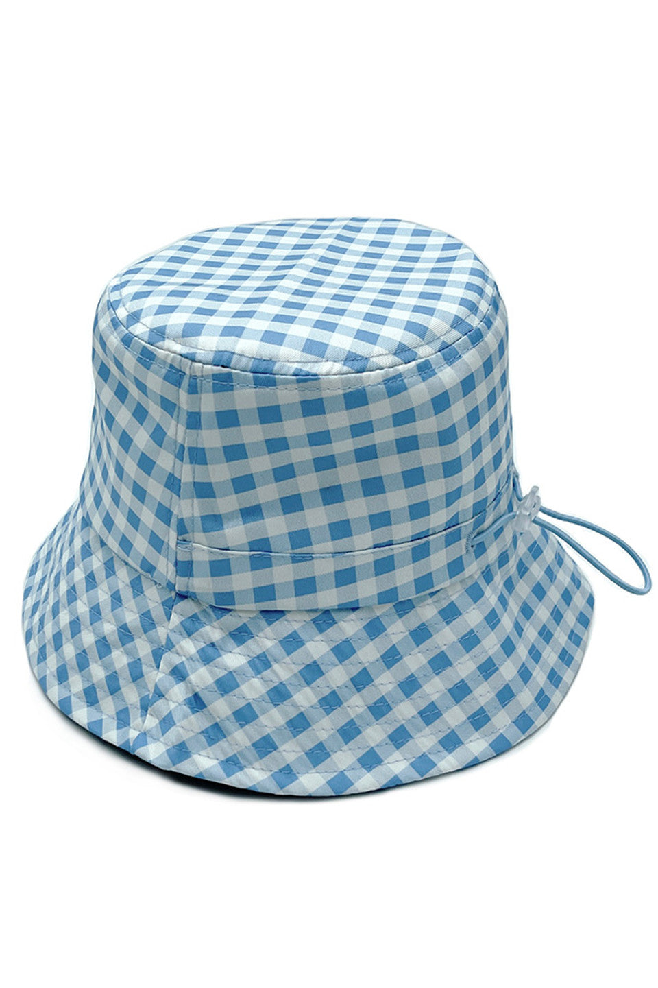 Blue GINGHAM PATTERN DARW STRING BUCKET HAT features a functional drawstring for customizable fit and security. The classic checkered pattern delivers timeless aesthetic appeal while providing essential sun protection. Constructed with quality materials, it offers durability and comfort for daily wear across various seasonal activities. 