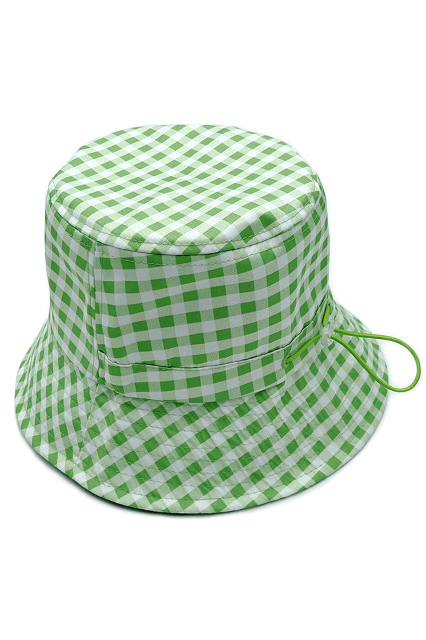 Green GINGHAM PATTERN DARW STRING BUCKET HAT features a functional drawstring for customizable fit and security. The classic checkered pattern delivers timeless aesthetic appeal while providing essential sun protection. Constructed with quality materials, it offers durability and comfort for daily wear across various seasonal activities. 