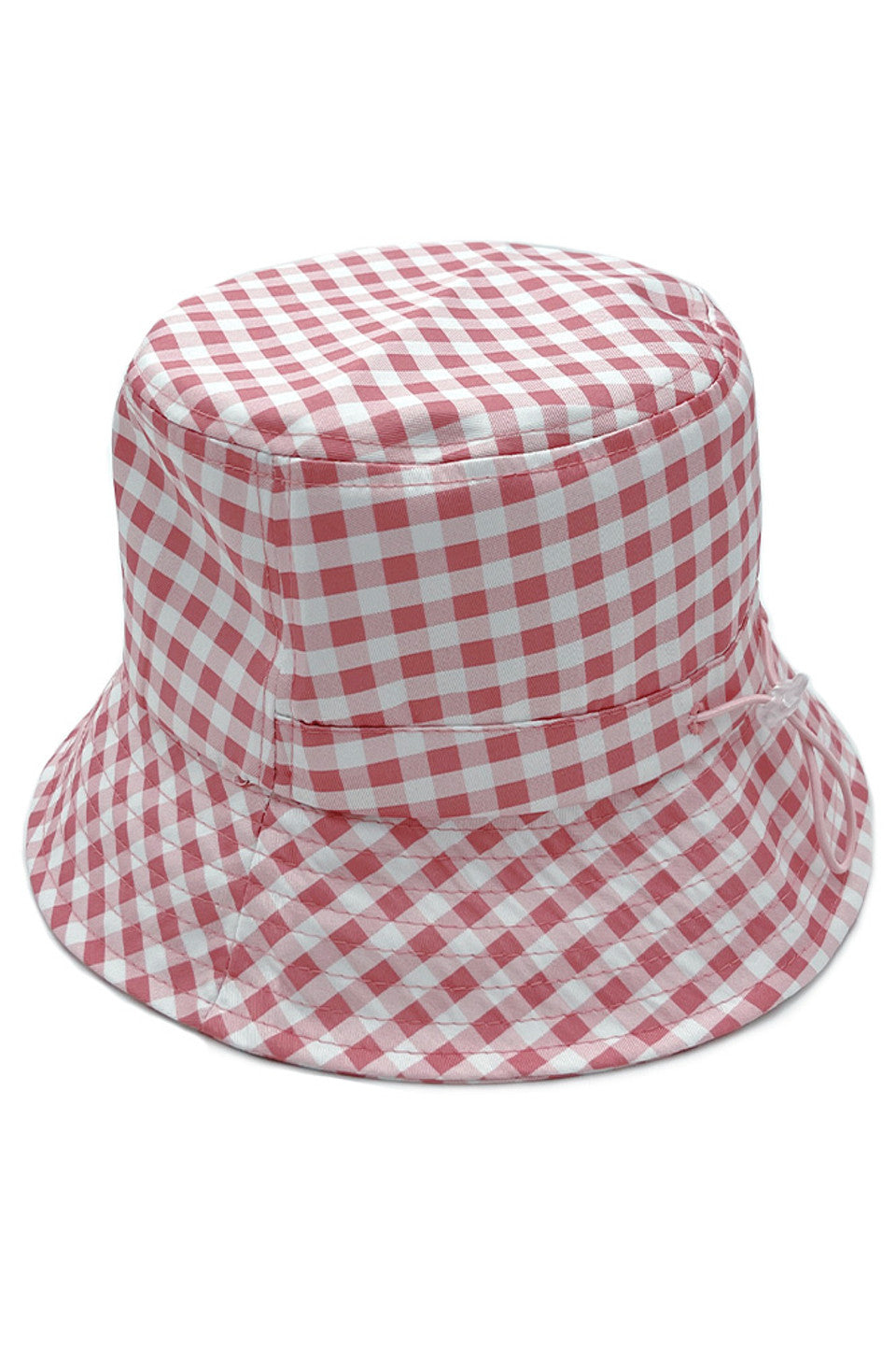 Pink GINGHAM PATTERN DARW STRING BUCKET HAT features a functional drawstring for customizable fit and security. The classic checkered pattern delivers timeless aesthetic appeal while providing essential sun protection. Constructed with quality materials, it offers durability and comfort for daily wear across various seasonal activities. 