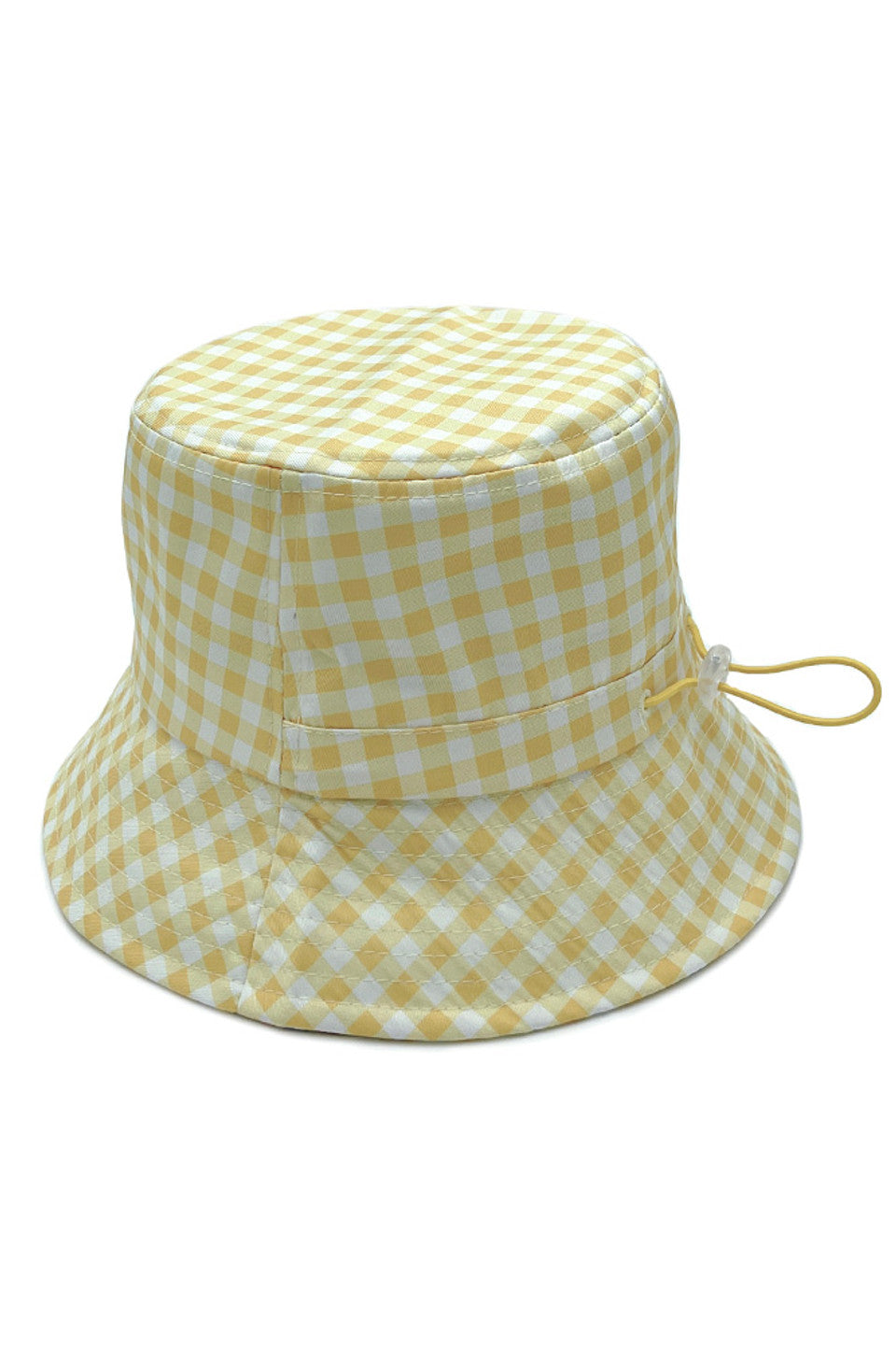 Yellow GINGHAM PATTERN DARW STRING BUCKET HAT features a functional drawstring for customizable fit and security. The classic checkered pattern delivers timeless aesthetic appeal while providing essential sun protection. Constructed with quality materials, it offers durability and comfort for daily wear across various seasonal activities. 