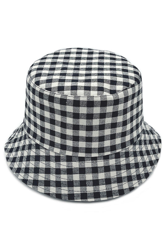 Black GINGHAM REVERSIBLE BUCKET HAT delivers dual-wear functionality with a traditional gingham pattern on one side and complementary solid fabric on the reverse. Constructed with premium materials for structural integrity while maintaining breathability. The versatile silhouette provides effective UV protection while complementing various style aesthetics for year-round wear.