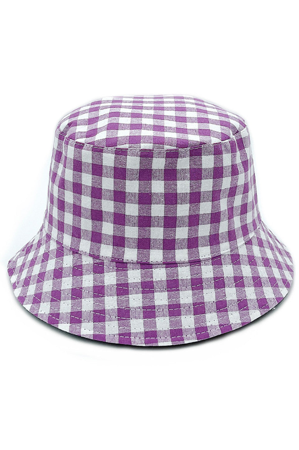 Purple GINGHAM REVERSIBLE BUCKET HAT delivers dual-wear functionality with a traditional gingham pattern on one side and complementary solid fabric on the reverse. Constructed with premium materials for structural integrity while maintaining breathability. The versatile silhouette provides effective UV protection while complementing various style aesthetics for year-round wear.
