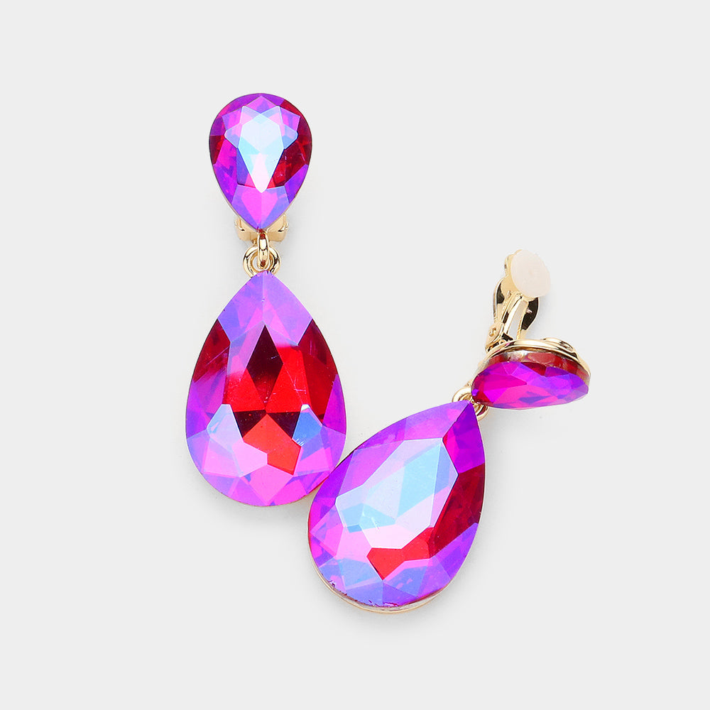 AB, Fuchsia Glass Crystal Double Teardrop Clip on Evening Earrings