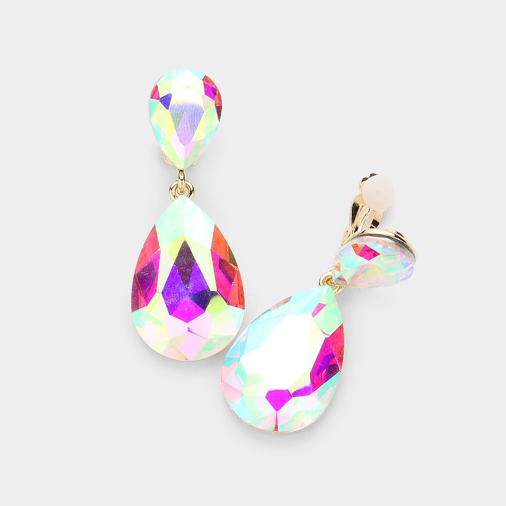 AB, Gold Glass Crystal Double Teardrop Clip on Evening Earrings