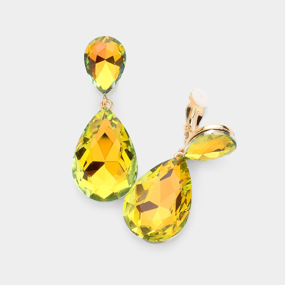 AB, Lt Col Topaz Glass Crystal Double Teardrop Clip on Evening Earrings