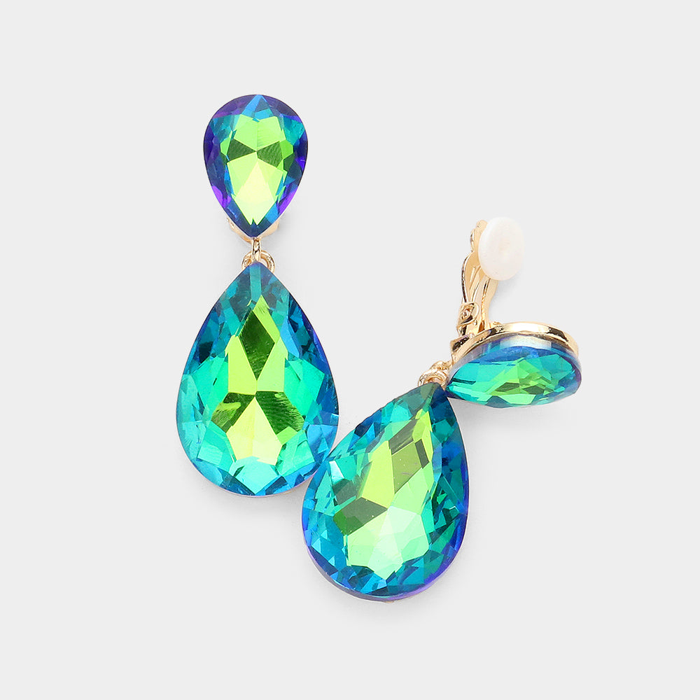 AB, Olive Green Glass Crystal Double Teardrop Clip on Evening Earrings