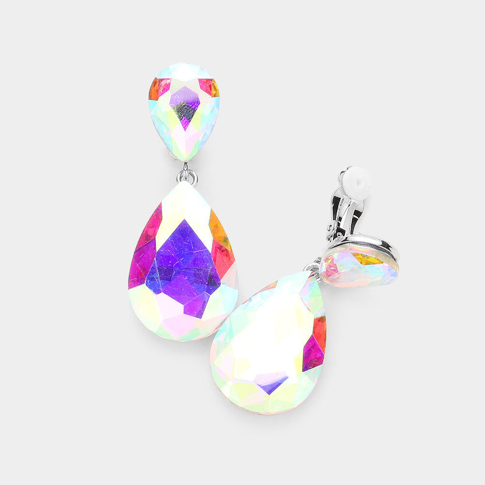AB, Silver Glass Crystal Double Teardrop Clip on Evening Earrings