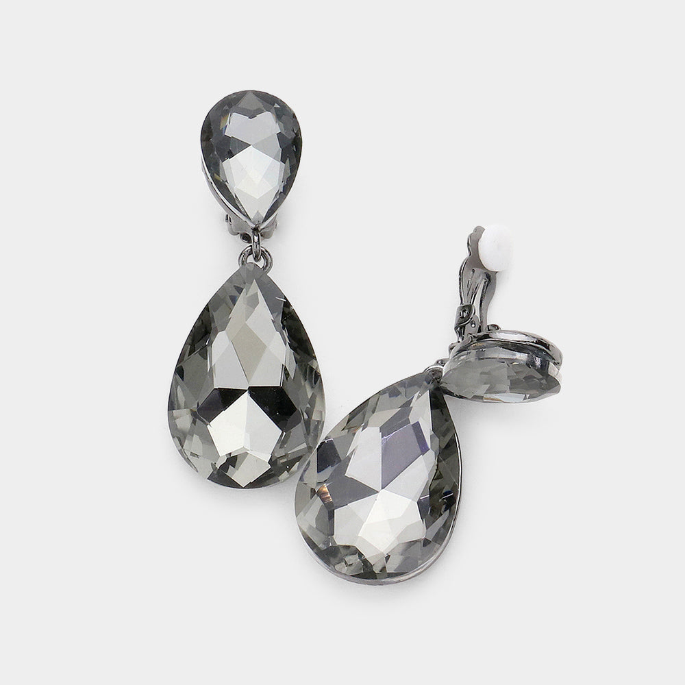 Black Diamond Glass Crystal Double Teardrop Clip on Evening Earrings