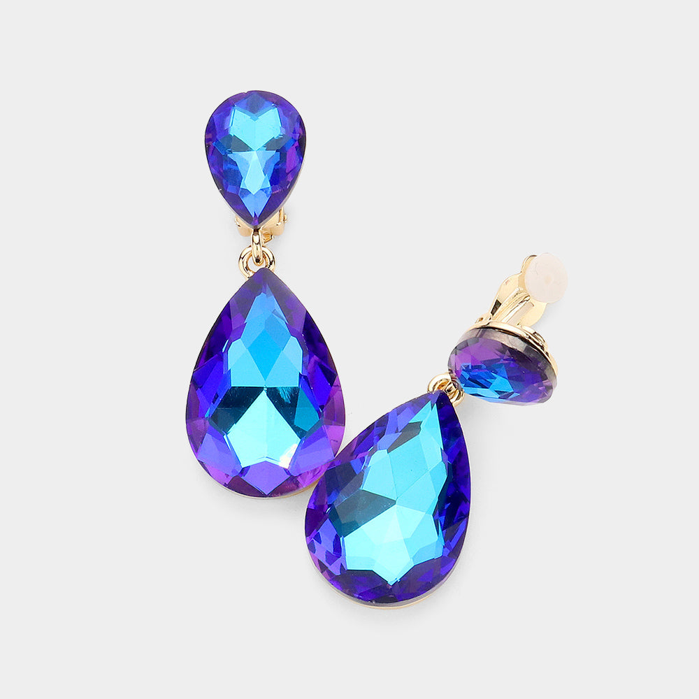 Blue Glass Crystal Double Teardrop Clip on Evening Earrings