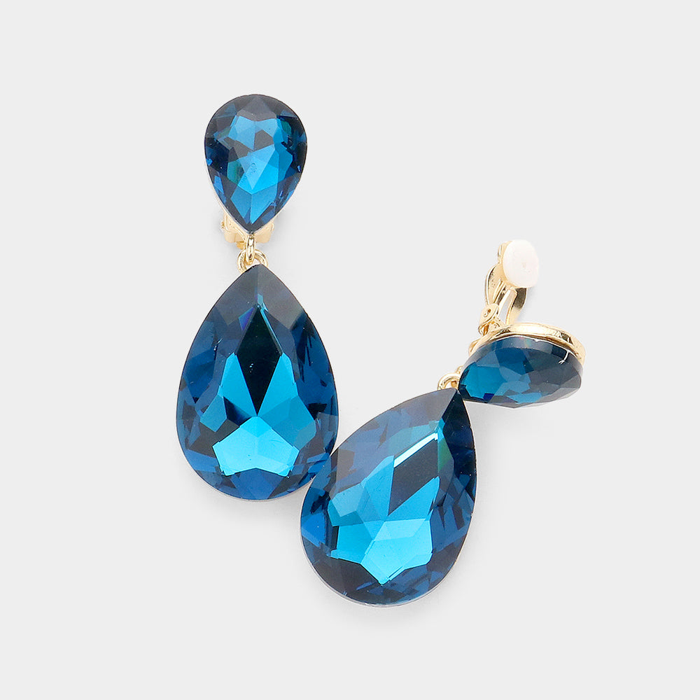 Blue Zircon Glass Crystal Double Teardrop Clip on Evening Earrings