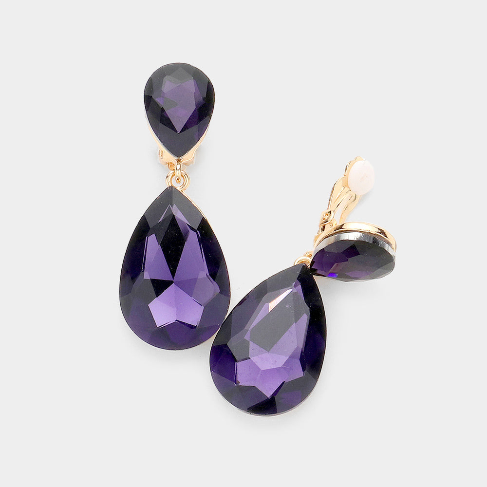 Dark, Purple Glass Crystal Double Teardrop Clip on Evening Earrings