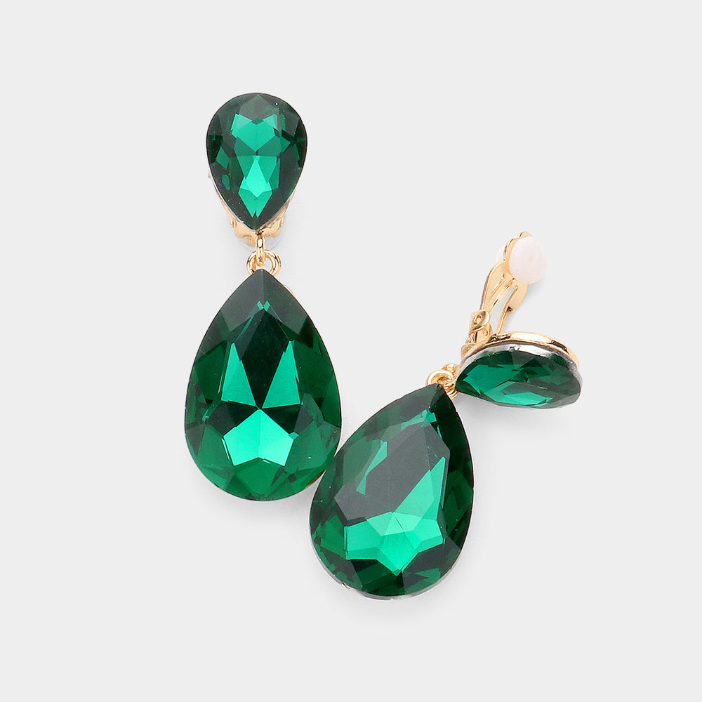Emerald Glass Crystal Double Teardrop Clip on Evening Earrings