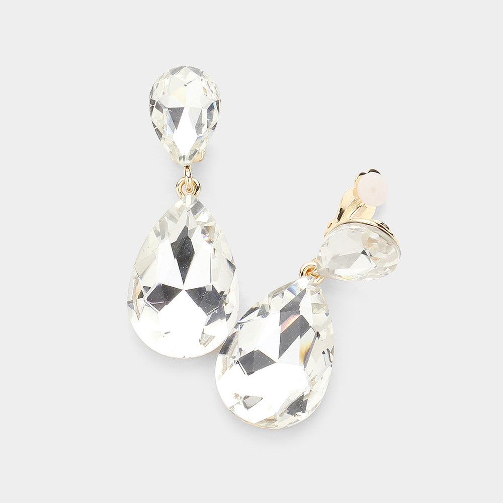 Gold Glass Crystal Double Teardrop Clip on Evening Earrings