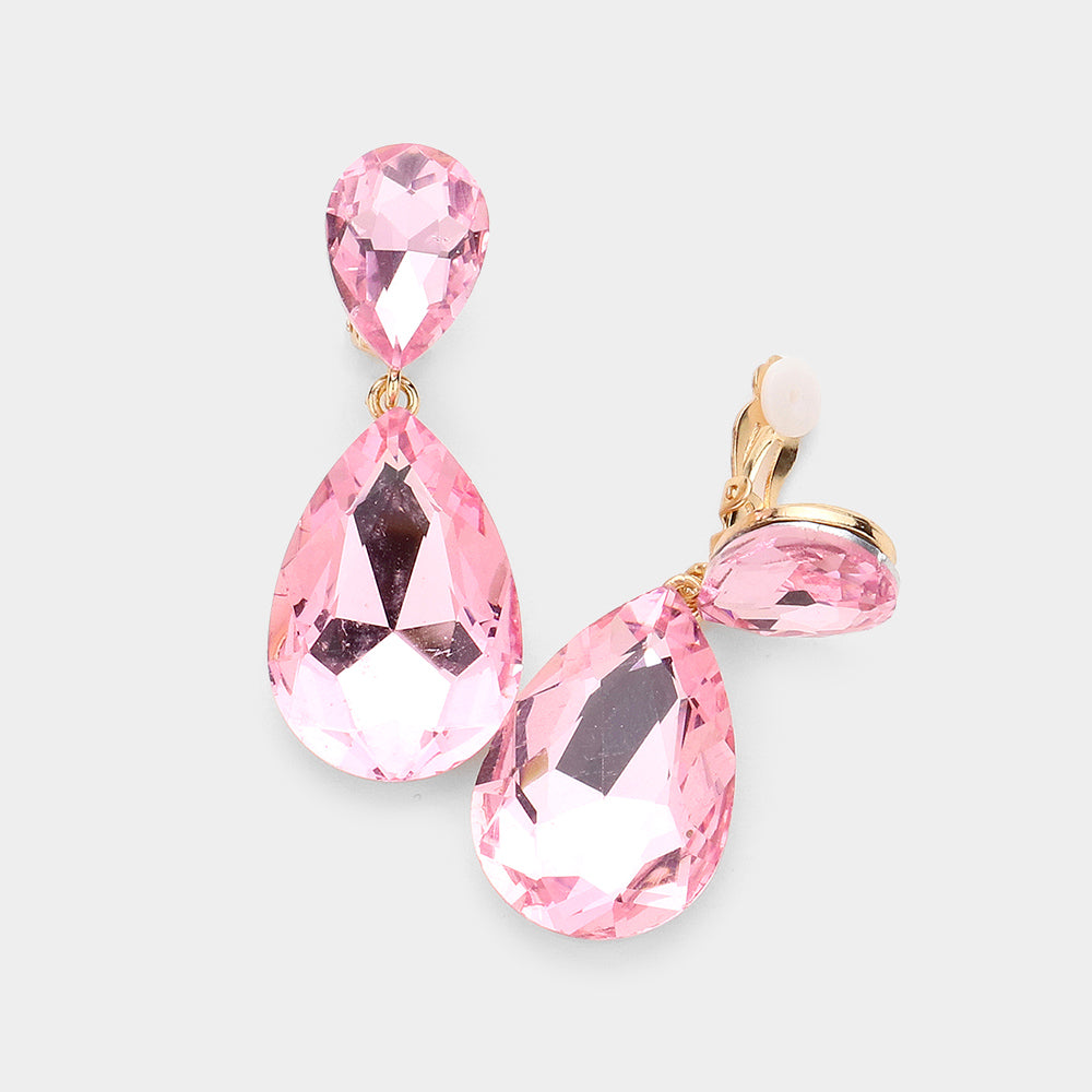 Light, Pink Glass Crystal Double Teardrop Clip on Evening Earrings