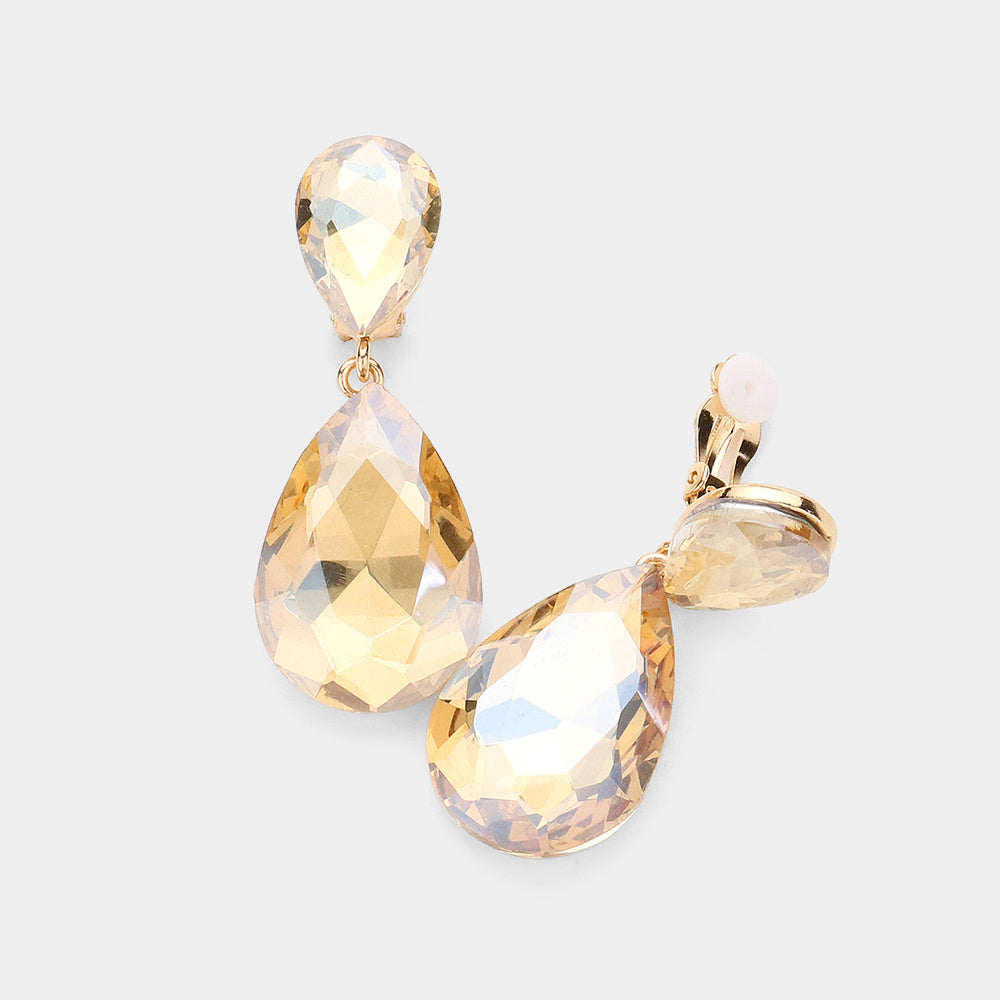 Lt Col Topaz Glass Crystal Double Teardrop Clip on Evening Earrings