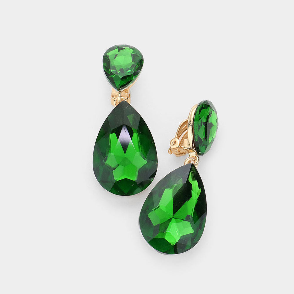 Olive Green Glass Crystal Double Teardrop Clip on Evening Earrings