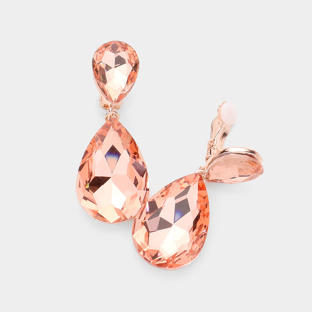 Peach Glass Crystal Double Teardrop Clip on Evening Earrings
