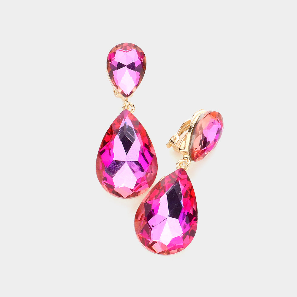 Pink Glass Crystal Double Teardrop Clip on Evening Earrings