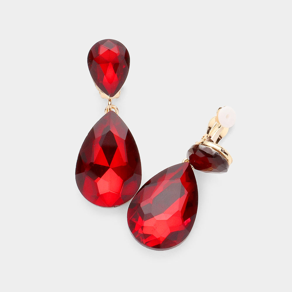 Red Glass Crystal Double Teardrop Clip on Evening Earrings