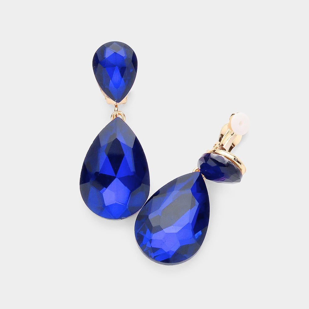 Sapphire Glass Crystal Double Teardrop Clip on Evening Earrings