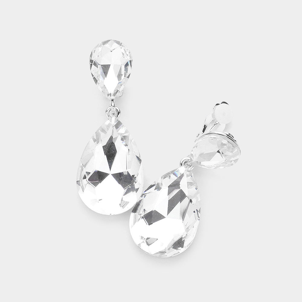 Silver Glass Crystal Double Teardrop Clip on Evening Earrings
