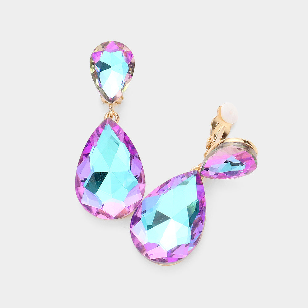 Vitrail Light Glass Crystal Double Teardrop Clip on Evening Earrings