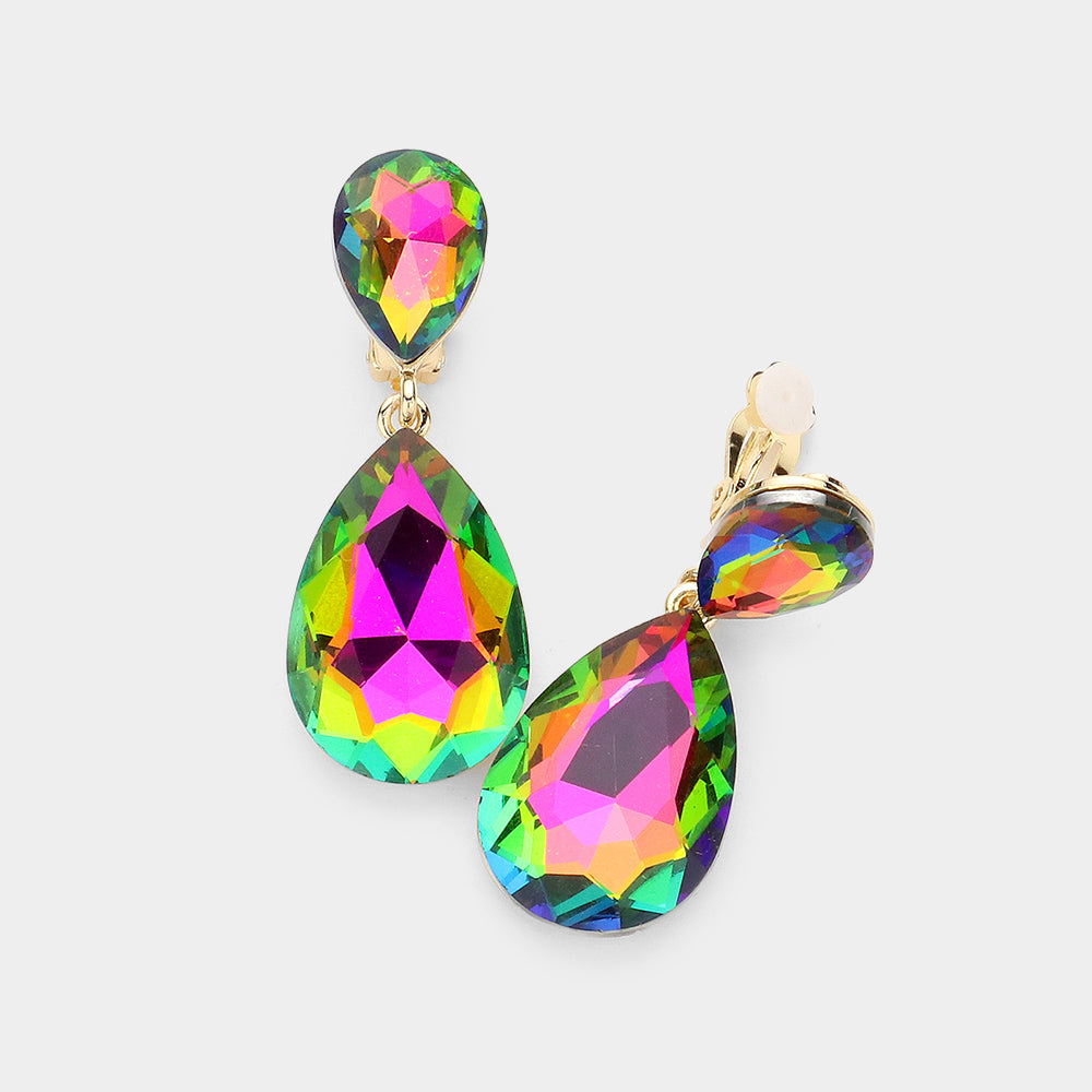 Vitrail Medium Glass Crystal Double Teardrop Clip on Evening Earrings