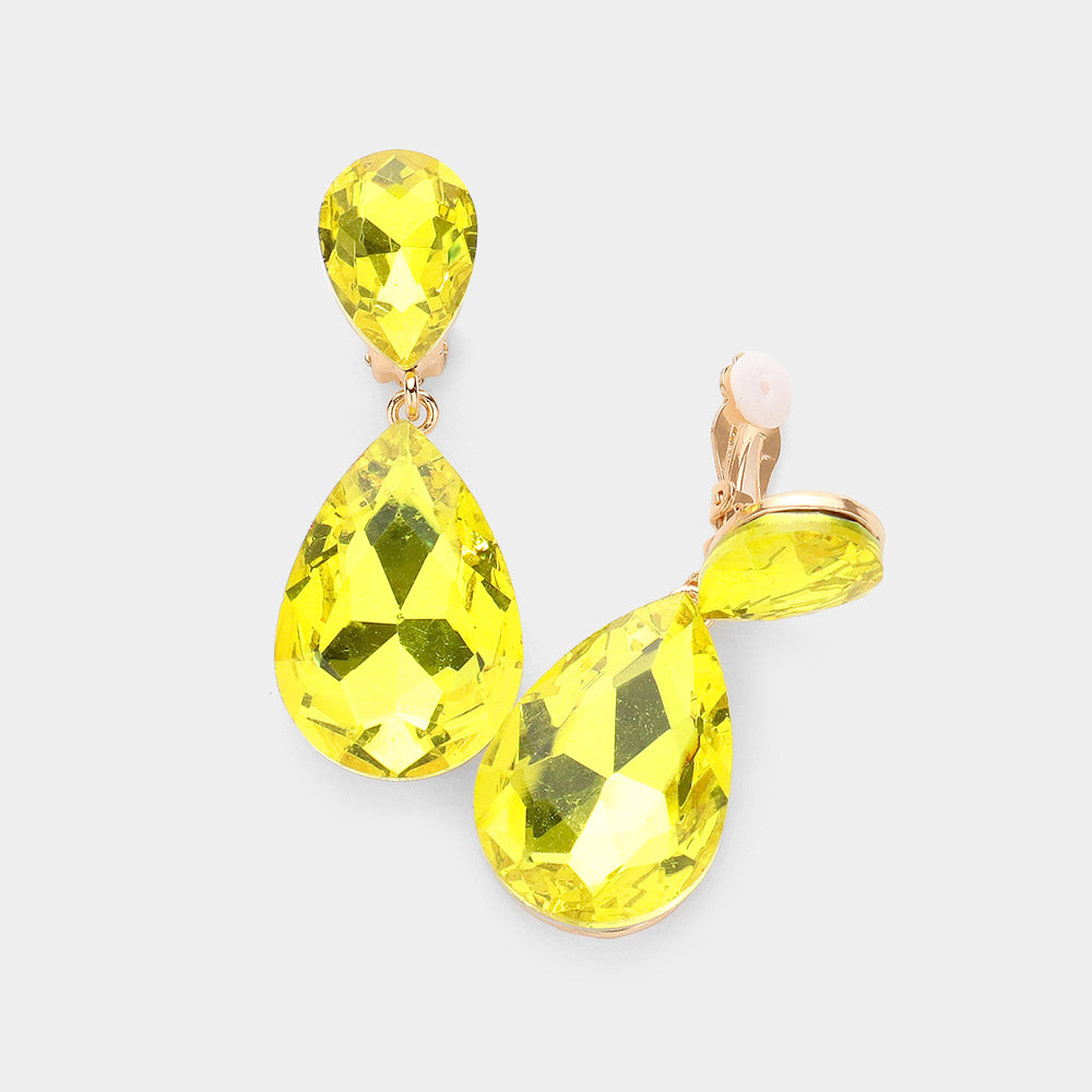Yellow Glass Crystal Double Teardrop Clip on Evening Earrings
