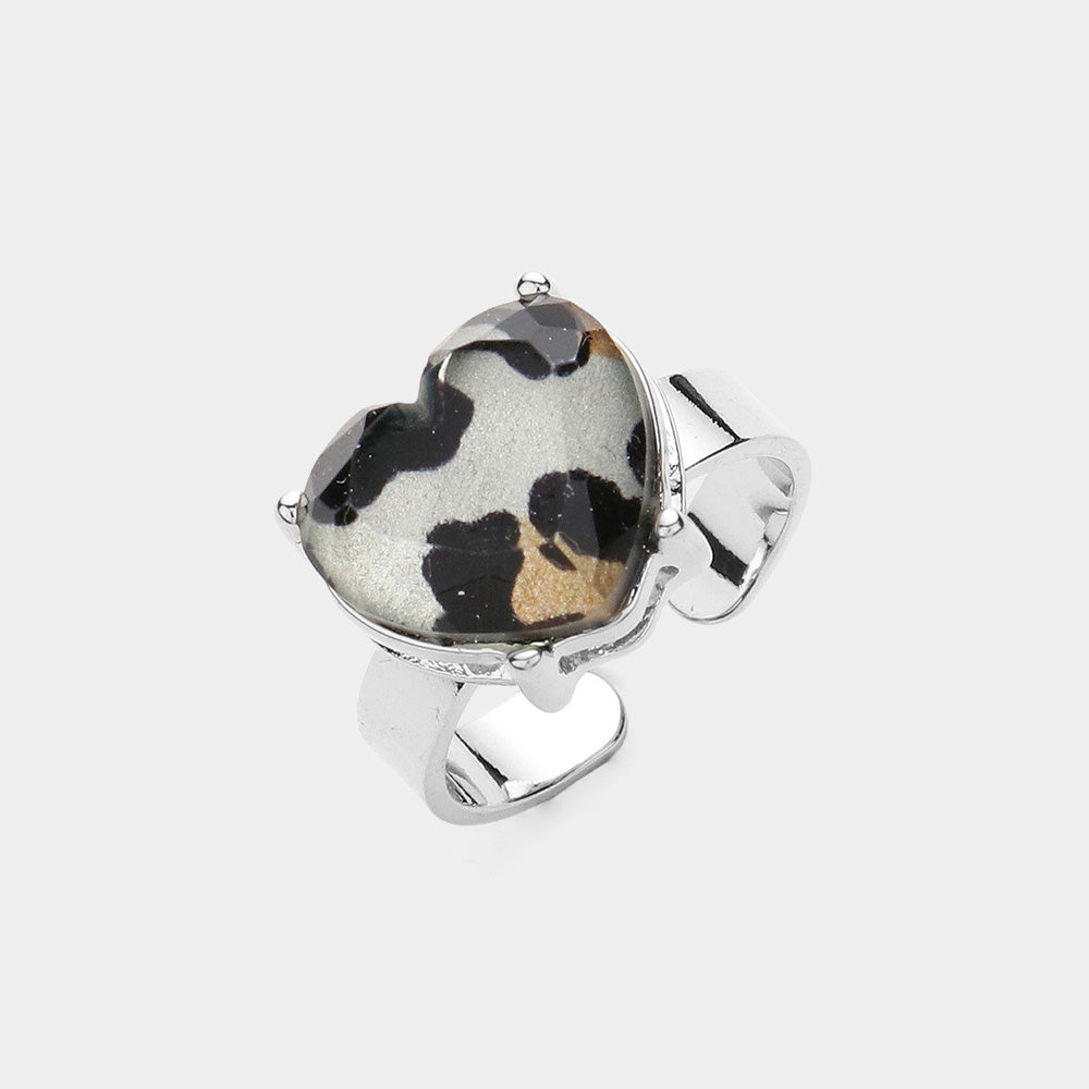 Glitter Leopard Pattern Heart Stone Adjustable Ring - Rhodium - Rings