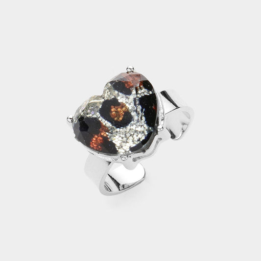 Glitter Leopard Pattern Heart Stone Adjustable Ring - Leopard Rhodium - Rings