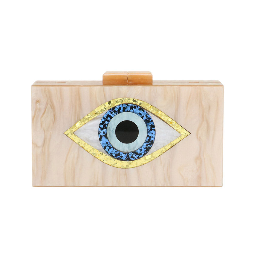 This Champagne Glittered Evil Eye Celluloid Acetate Clutch Crossbody Bag will make you the star of the show! This eye-catching bag is studded with glitter, and is made with durable celluloid acetate to last you a lifetime. Perfect gift ideas for a birthday, Christmas, anniversary, Valentine's Day, or any special occasion.