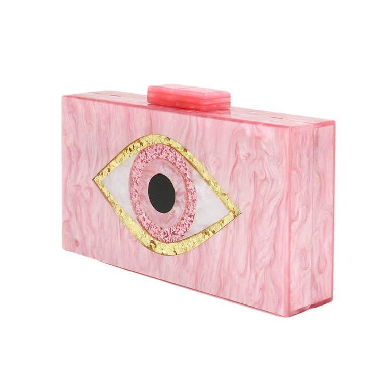 This Glittered Evil Eye Celluloid Acetate Clutch Crossbody Bag will make you the star of the show! This eye-catching bag is studded with glitter, and is made with durable celluloid acetate to last you a lifetime. Perfect gift ideas for a birthday, Christmas, anniversary, Valentine's Day, or any special occasion.