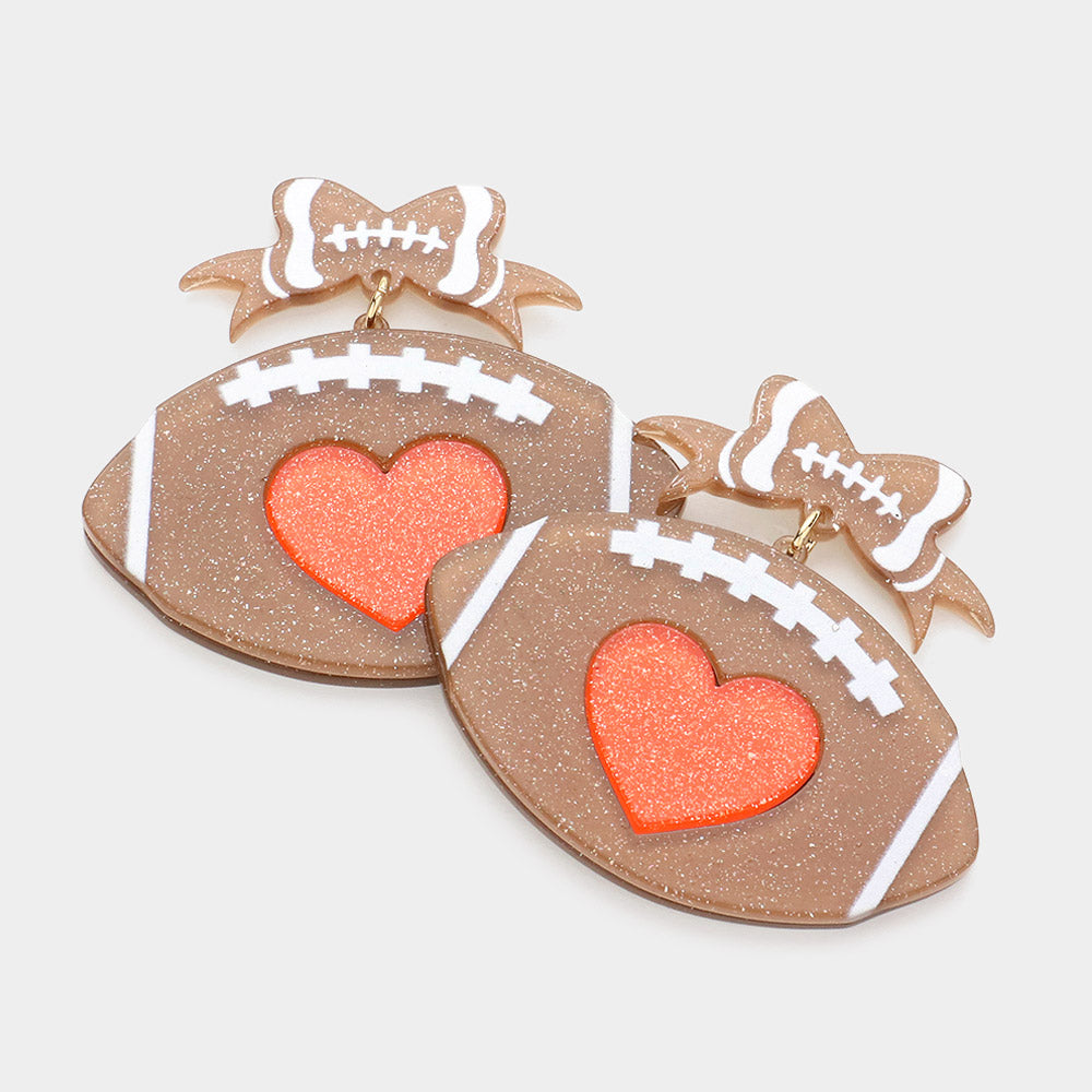 Brown Glittered Resin Bow Heart Centered Football Link Dangle Earrings