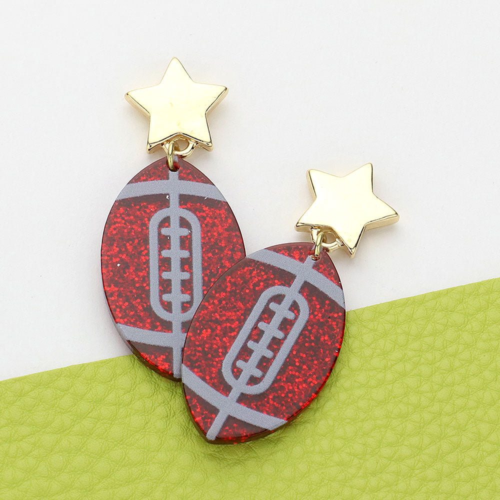 Burgundy, Gray Glittered Resin Game Day Football Dangle Earrings