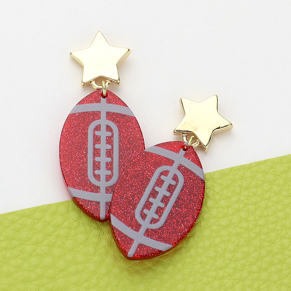 Gray, Red Glittered Resin Game Day Football Dangle Earrings